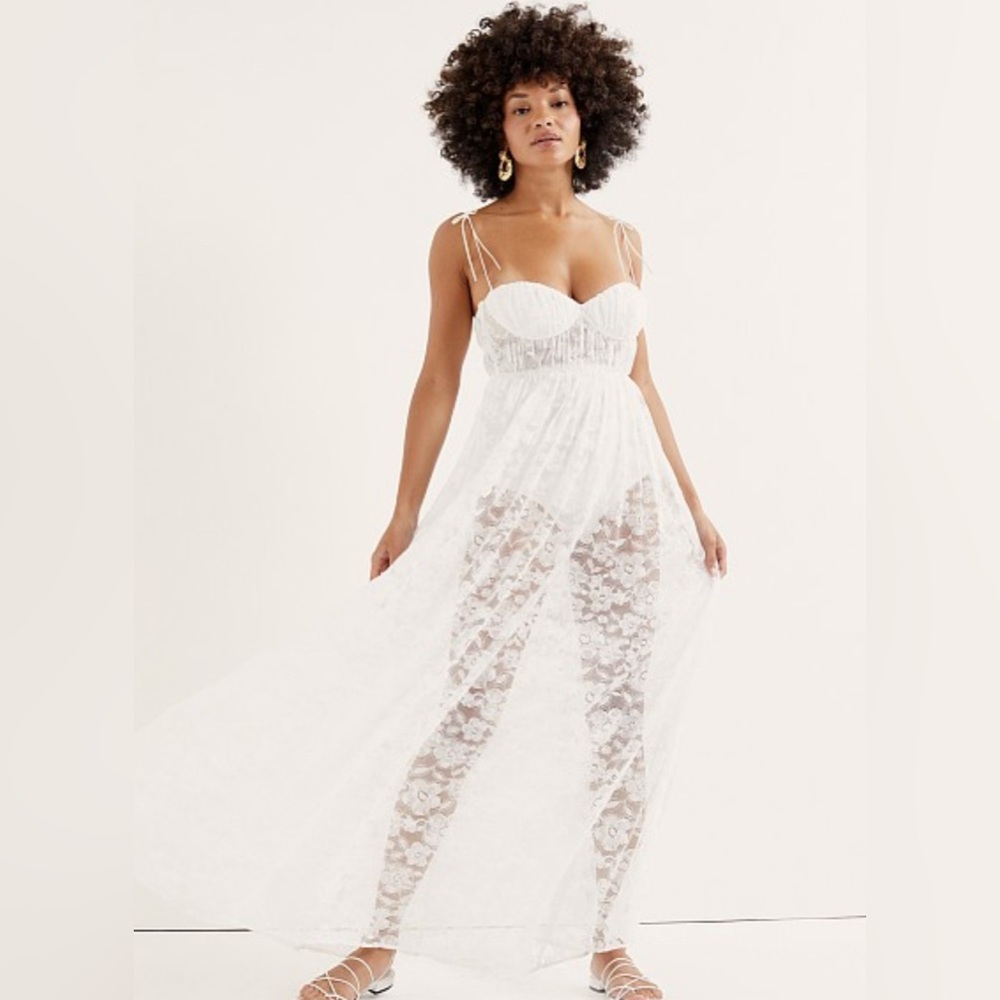 For Love & Lemons $260 Lorena Dress White Maxi Floral Bridal Lace Fairy Ethereal
